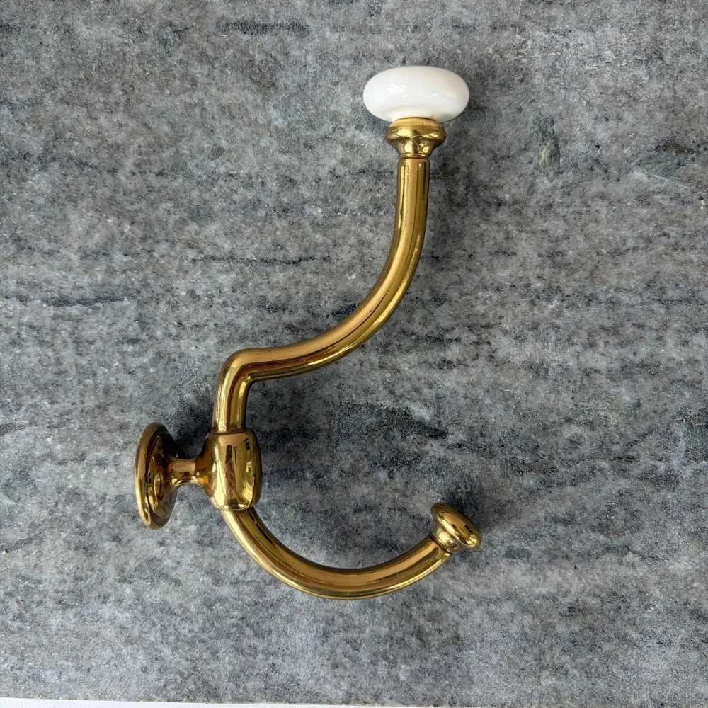 Vintage Brass Double Wall Hook with White Porcelain Ceramic Finial Finial 5.5in